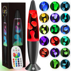Lava lamp with colorful liquid, remote control, and packaging on a white background