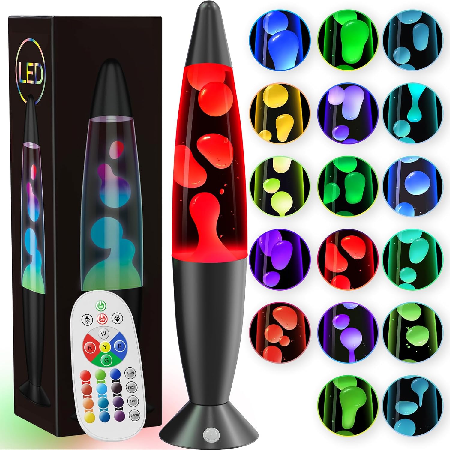 Lava lamp with colorful liquid, remote control, and packaging on a white background