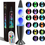 Lava lamp with remote control and packaging, surrounded by color sample images.