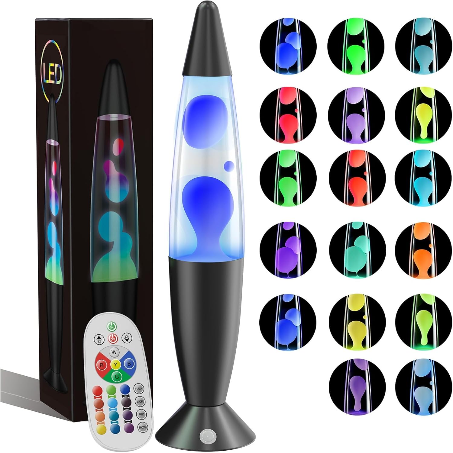 Lava lamp with remote control and packaging, surrounded by color sample images.
